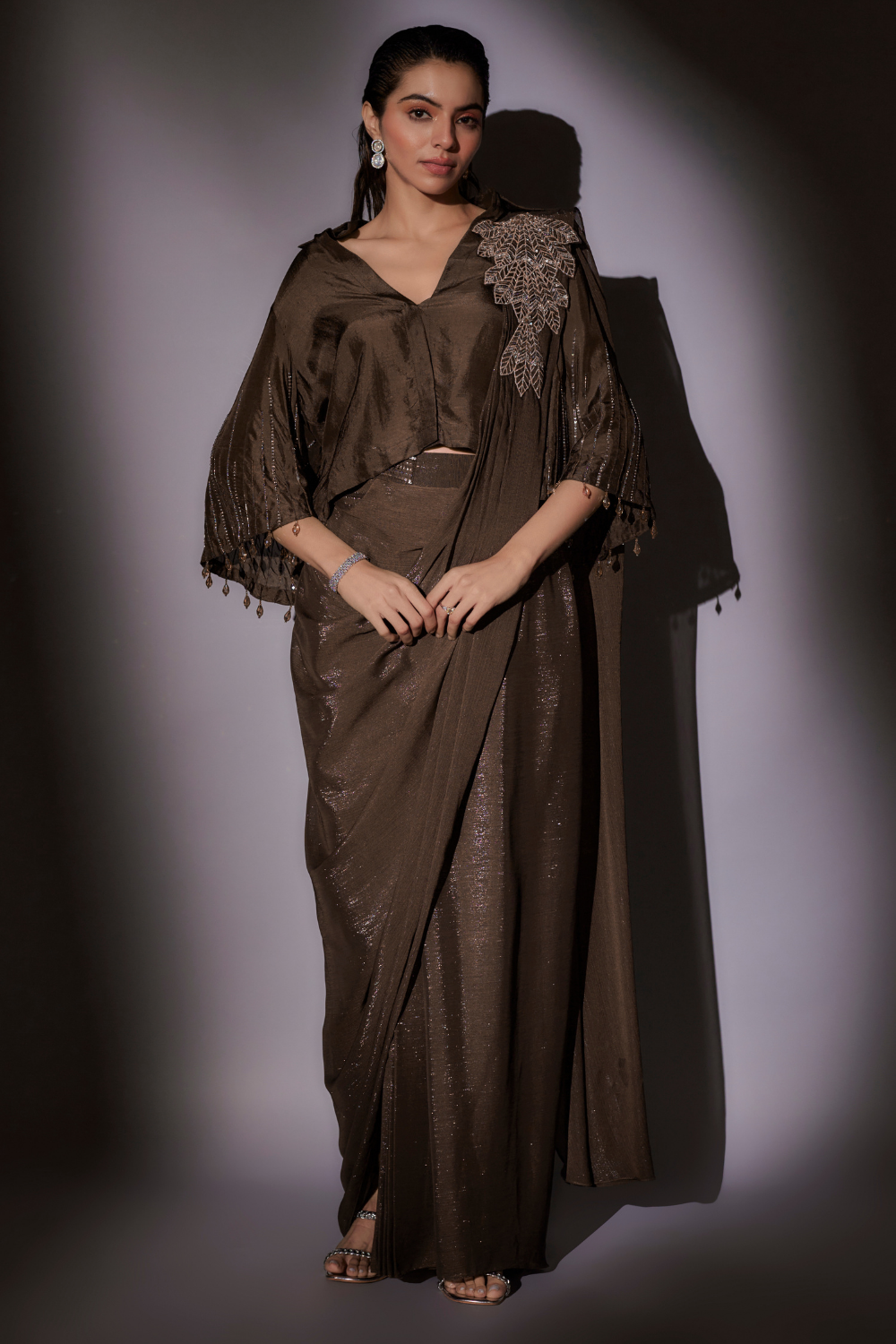 Richa Coffee Pre-Draped Satin Saree with Bohemian Bell Sleeve Blouse