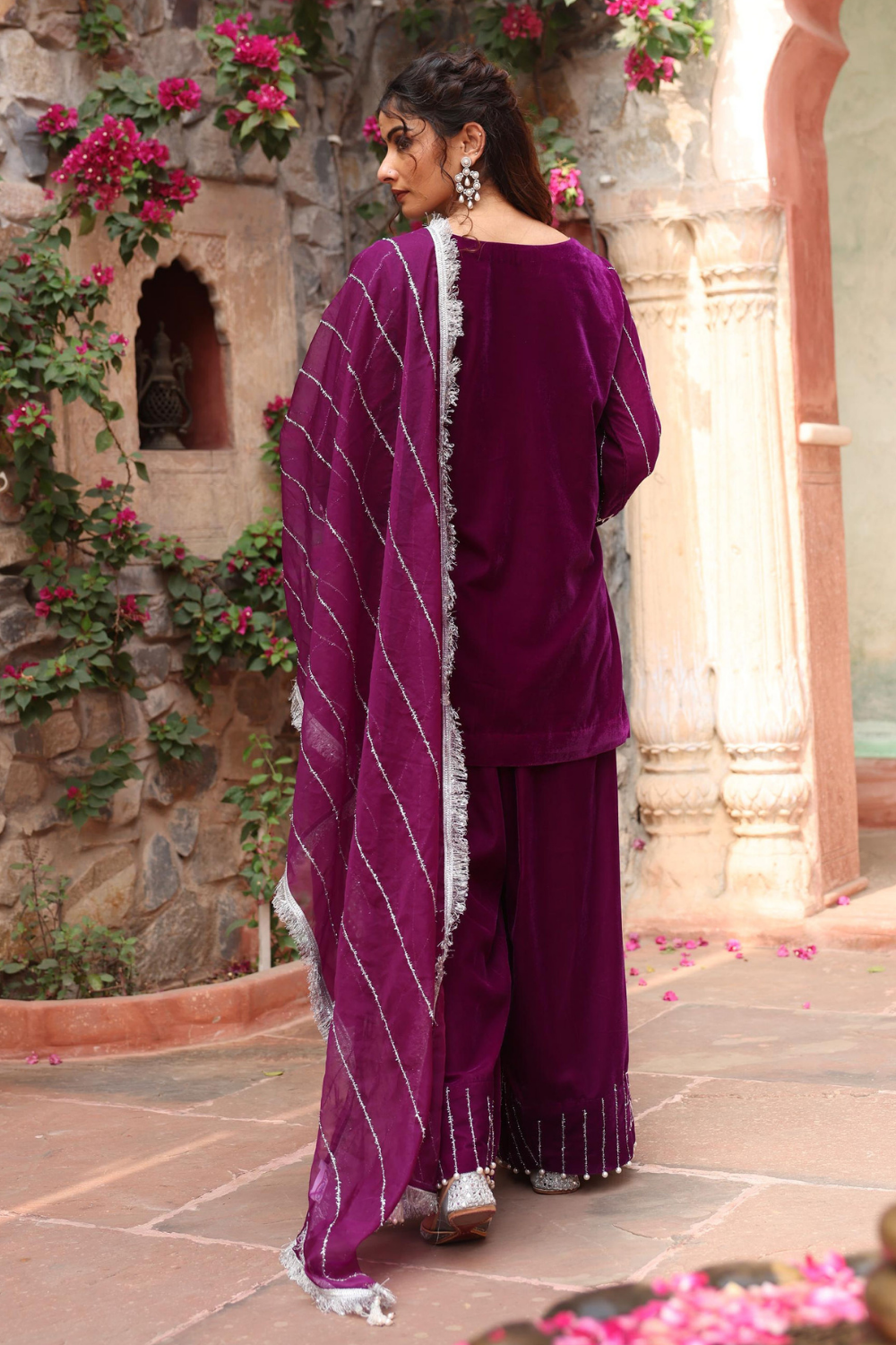Elegant Purple Velvet Kurta Set with Embroidered Palazzo