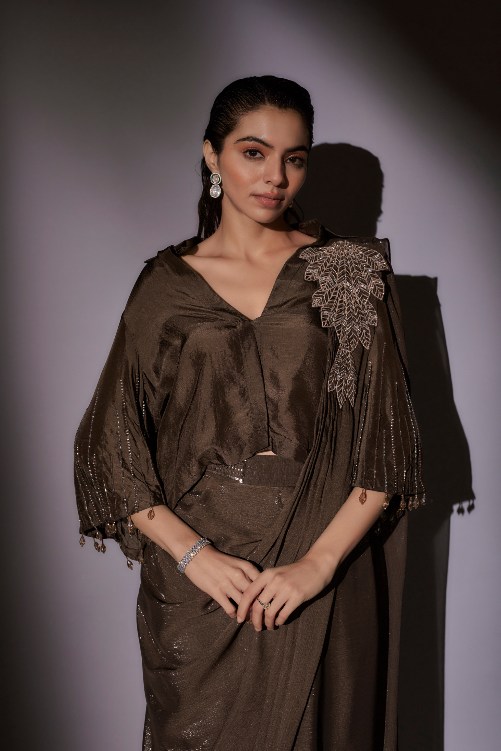Richa Coffee Pre-Draped Satin Saree with Bohemian Bell Sleeve Blouse