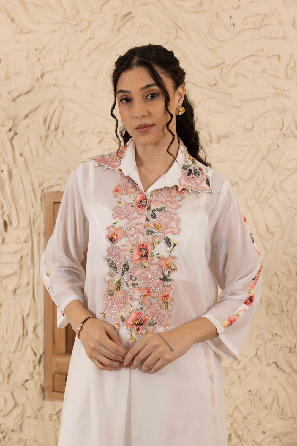Aditi Co-ord Set - Ivory Embroidered Flowy Georgette Luxury Set