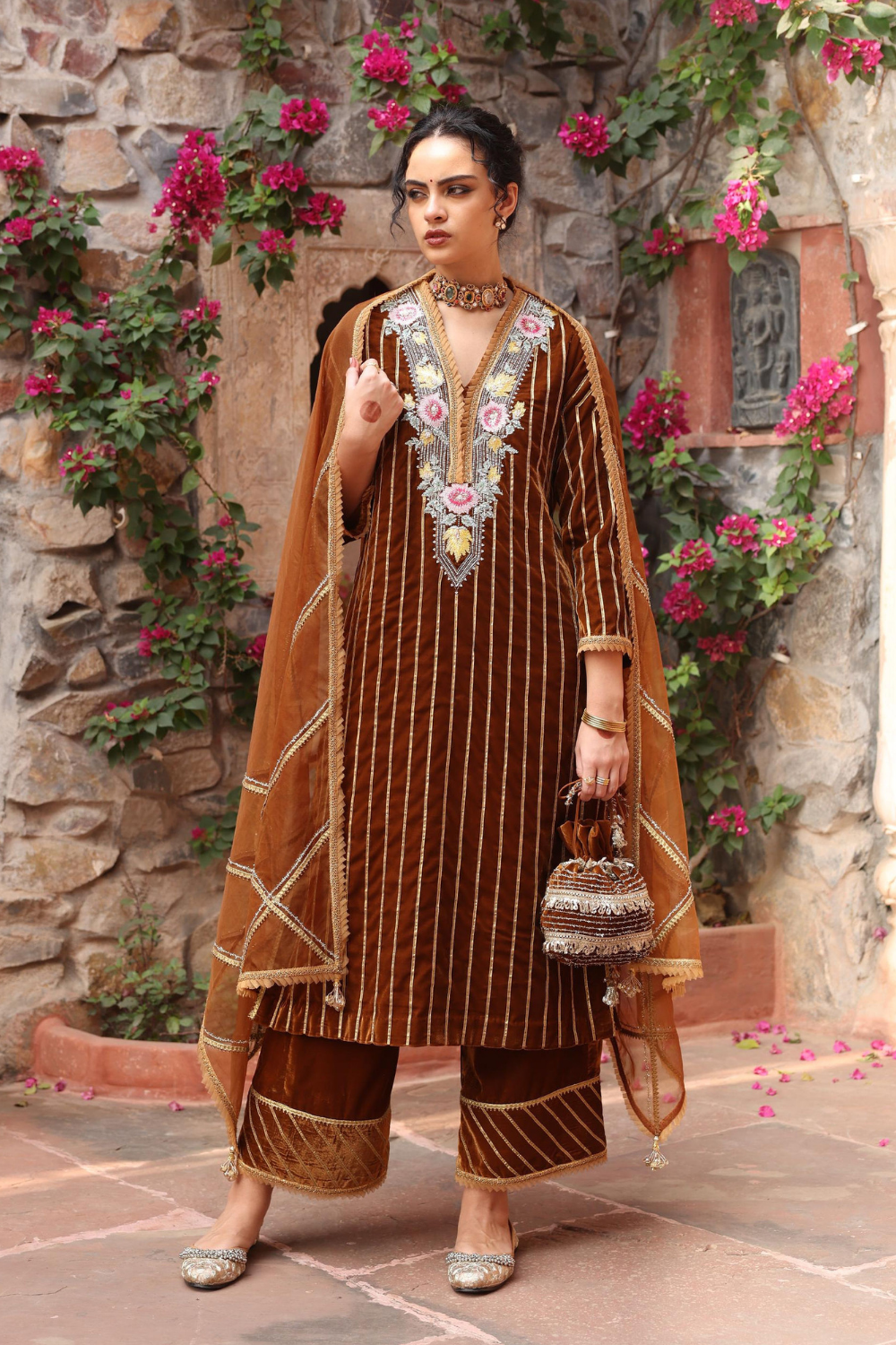 Honey Gold Embroidered Velvet Kurta Set with Organza Dupatta
