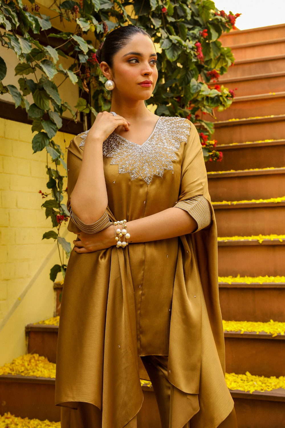 Honey Gold Gauri Co-ord Set - Leaf Dori Embroidered Kaftan
