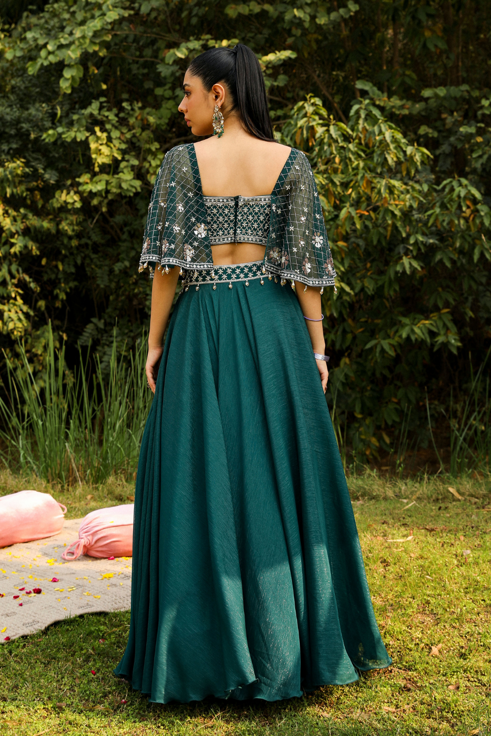 Aashvi Green Organza Skirt Set with Heavy Petal Embroidery Blouse