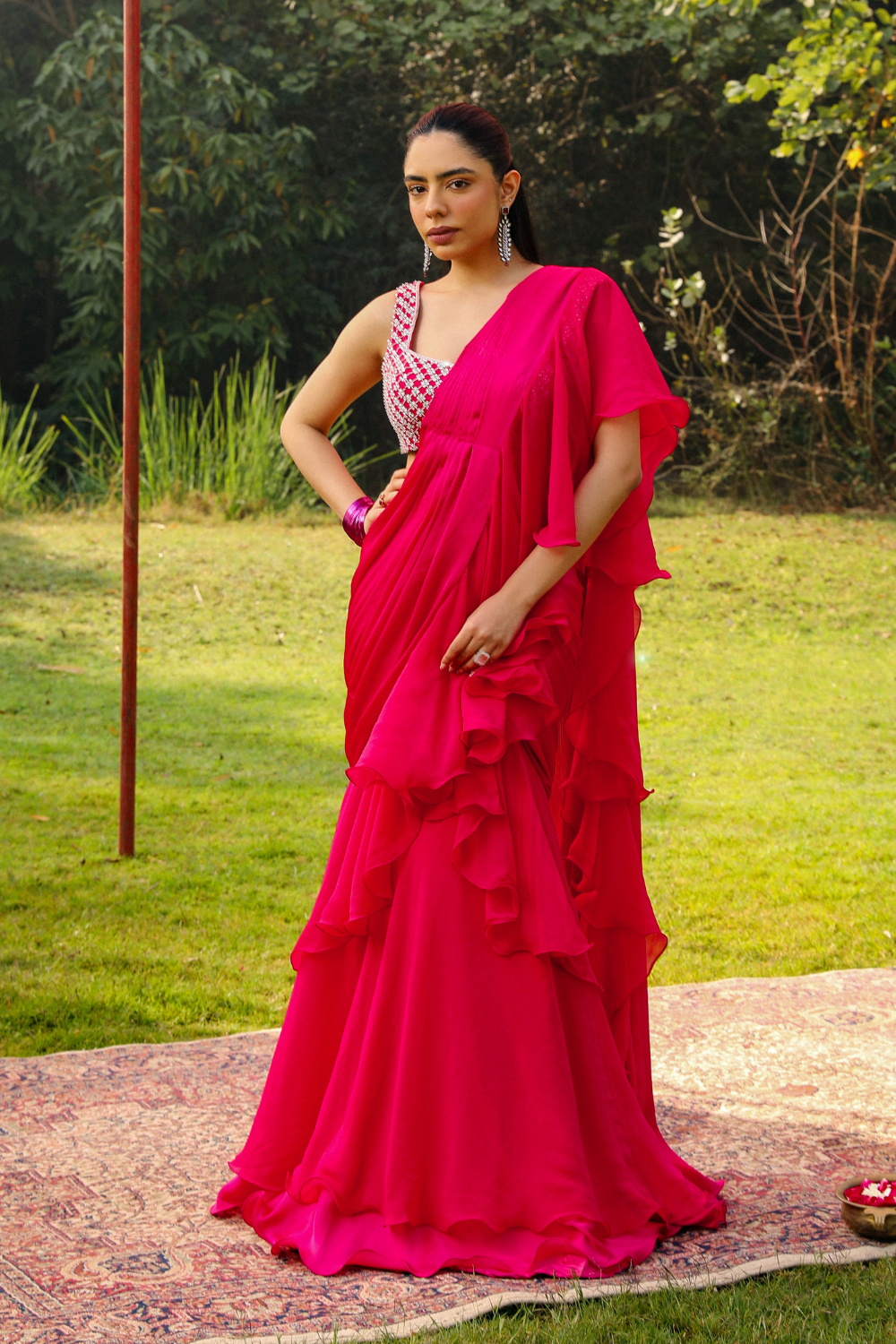 Sitaraa Rani Pink Pre-Draped Saree with Crystal Jaal Blouse