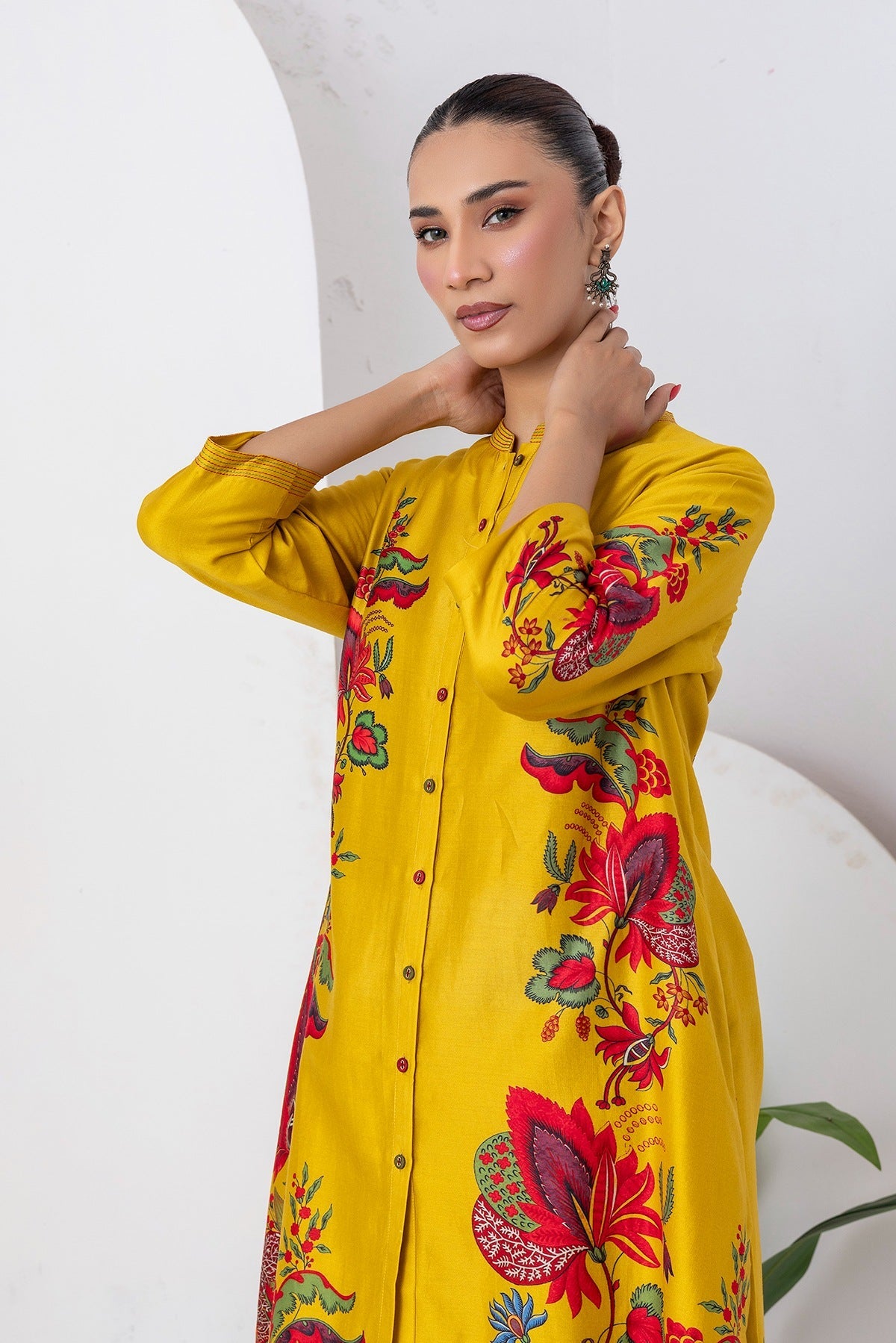 Yellow Silk Chanderi Printed Front Open Floral High-Low Dress Set (3 PCS)
