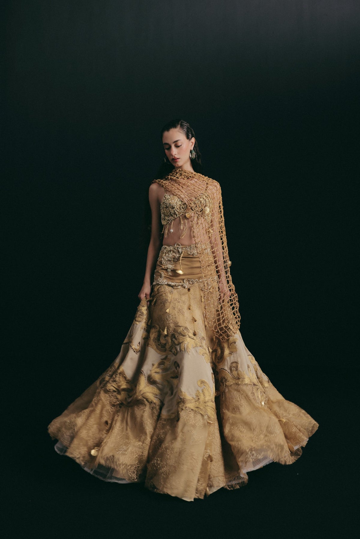 Zardosi & Cutwork Embroidery, Silk & Tulle with Crochet Detailing, Skirt Set, Bralette Silhouette