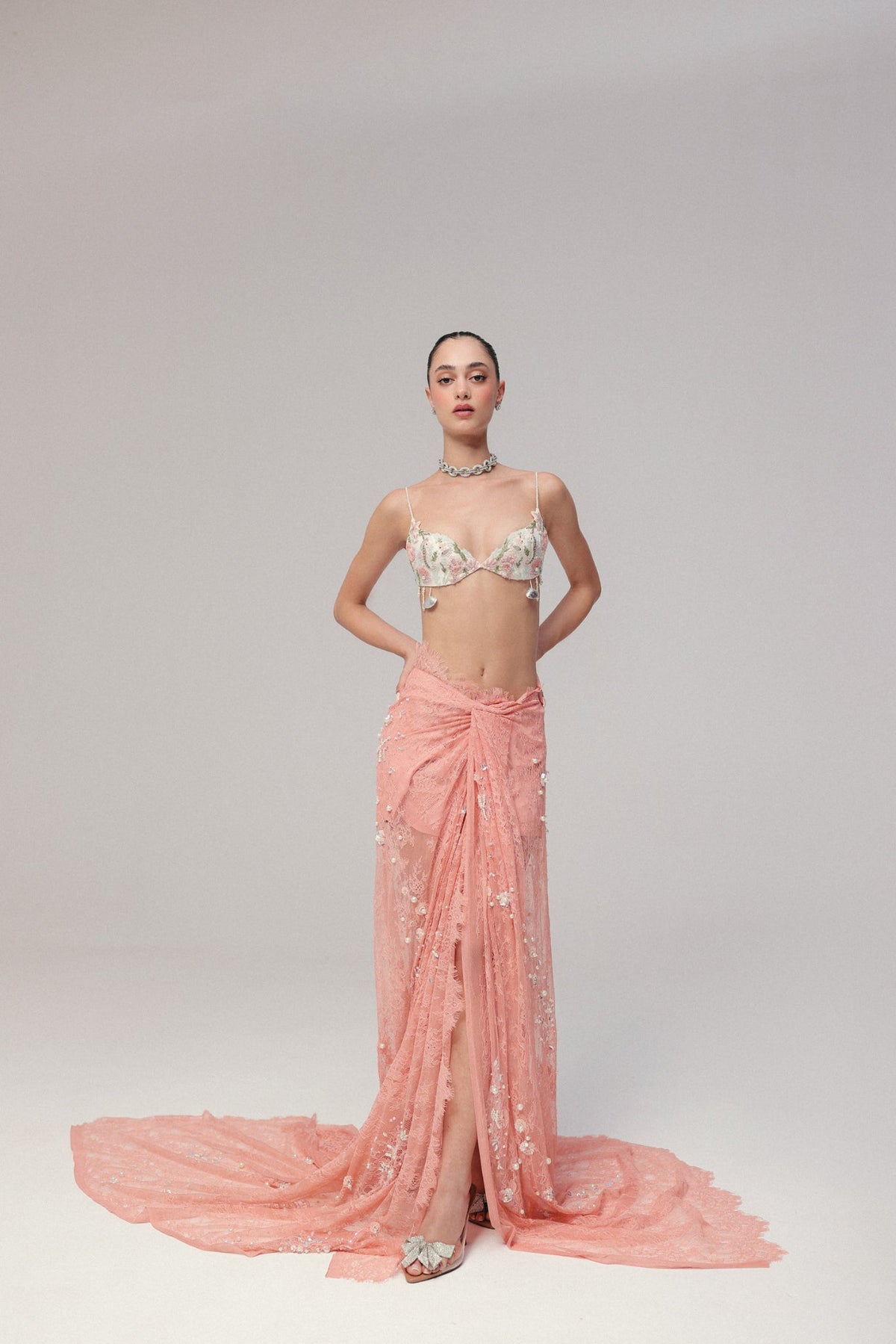 Pearl & Shell Embroidery, Lace & Soft Tulle with Silk, Skirt Set, Blouse Silhouette