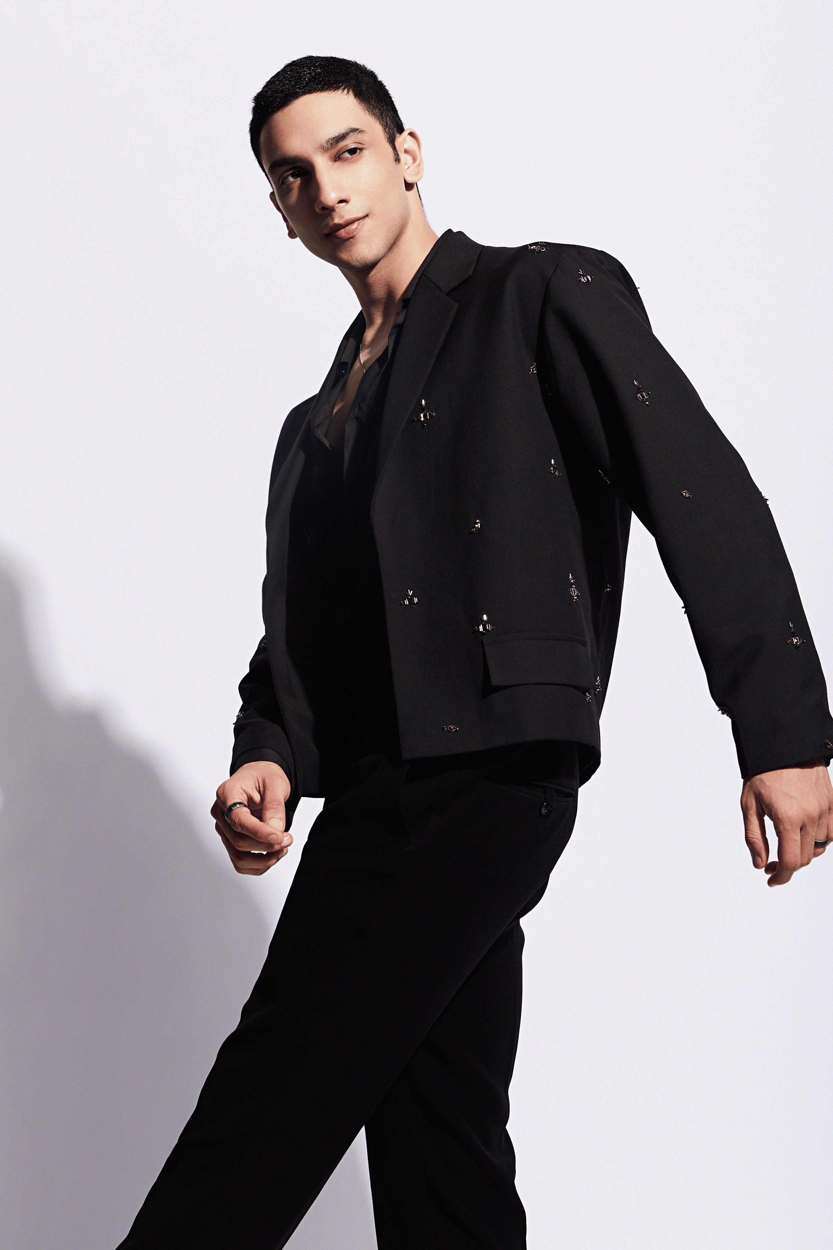 Black Worsted Wool Motifs Embellished Cropped Jacket