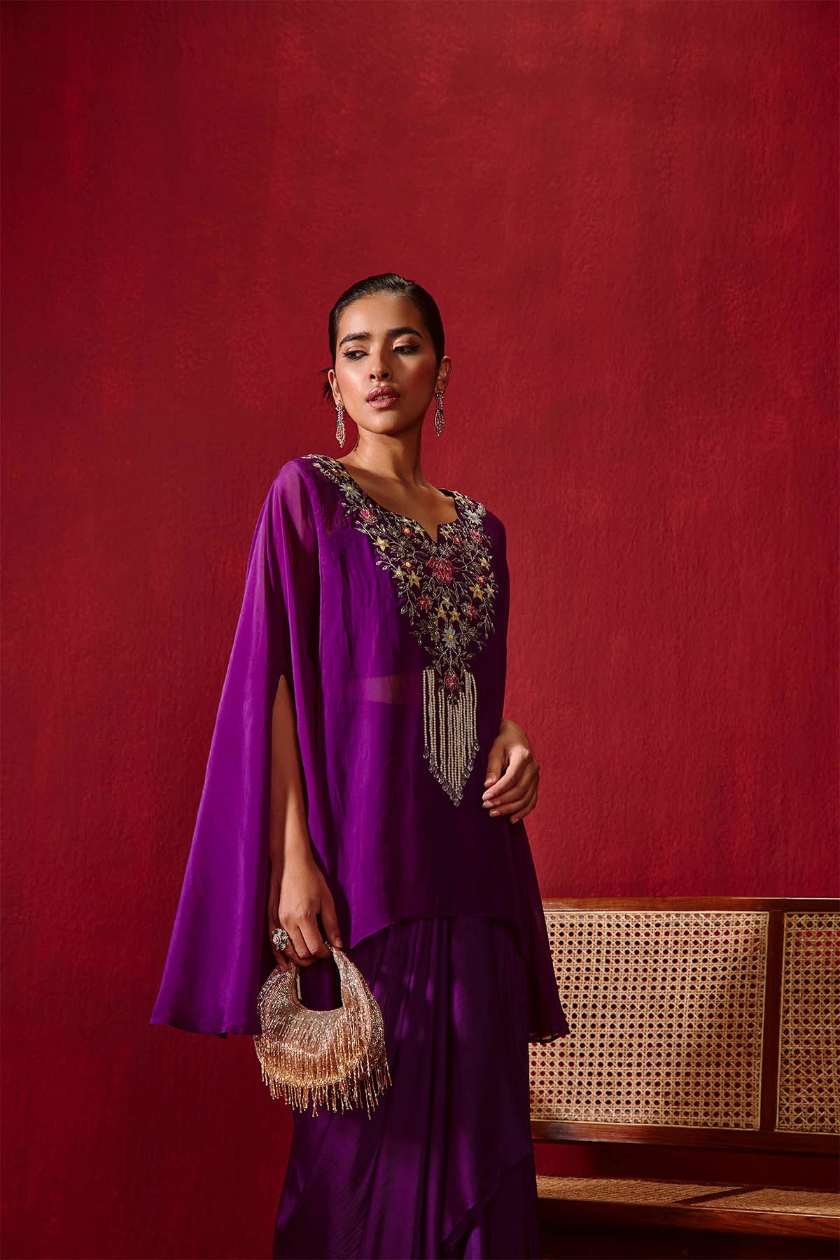 Chahat Purple Embroidered Organza Cape & Modal Silk Pick-Up Skirt