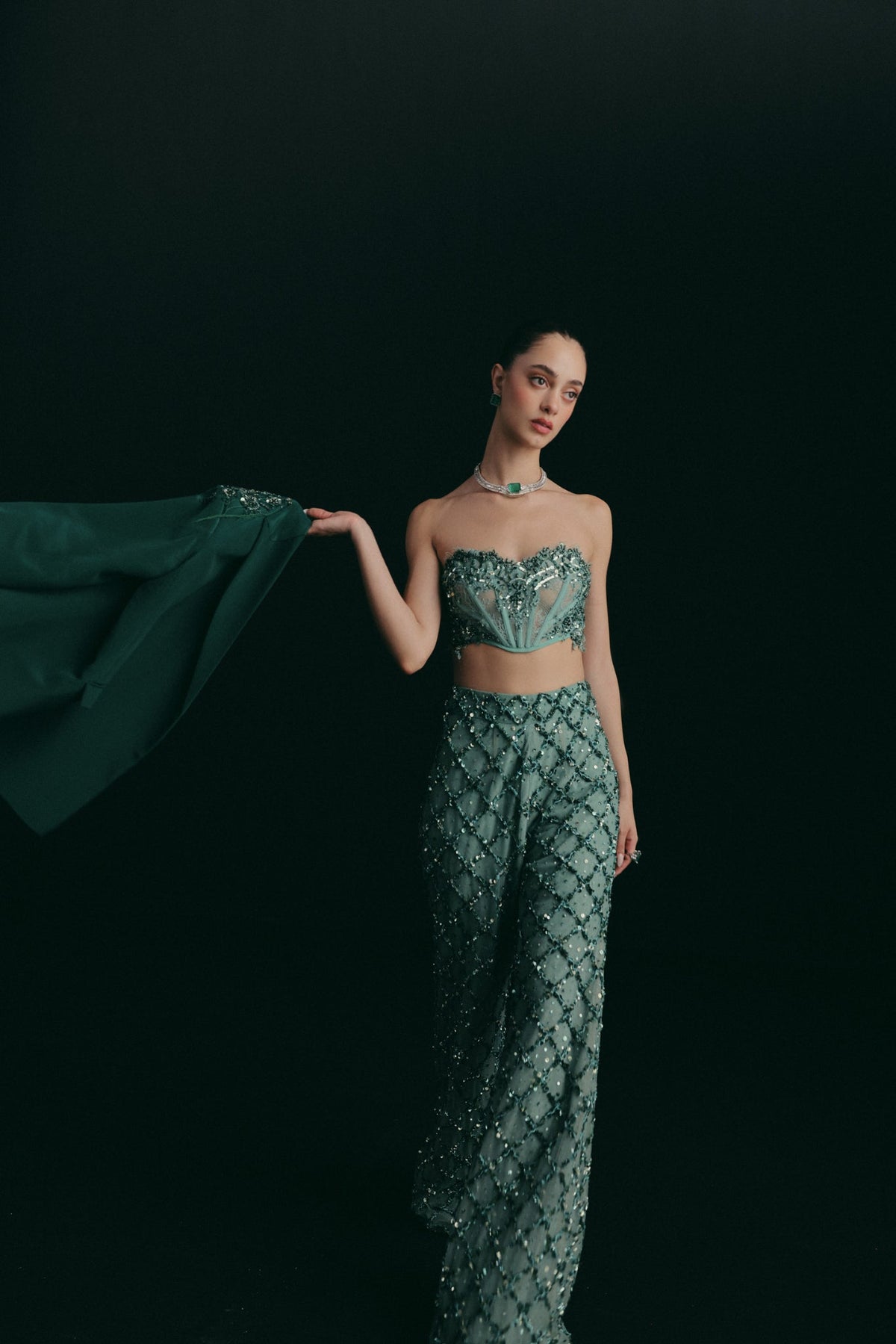 Zardosi Embroidery, Tulle & Silk with French Lace, Three Piece Set, Corset and Palazzo Silhouette