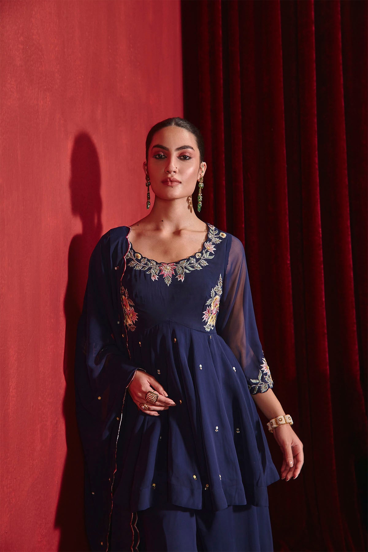 Navy Blue Embroidered Peplum Kurta with Sharara & Organza Dupatta