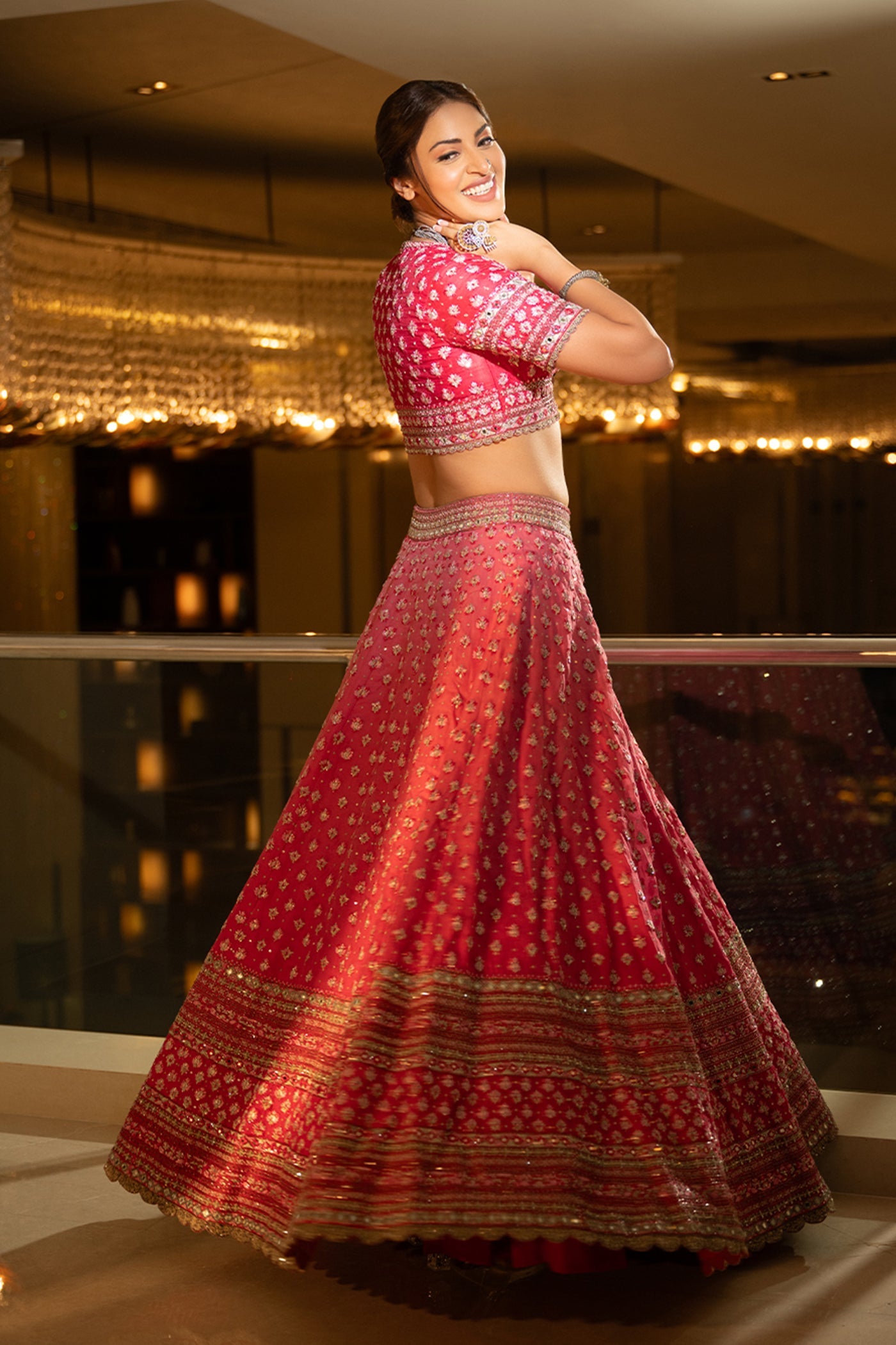 Hand-Embroidered Pure Silk-Organza Ombre Jazzy-Pink Lehenga-Set