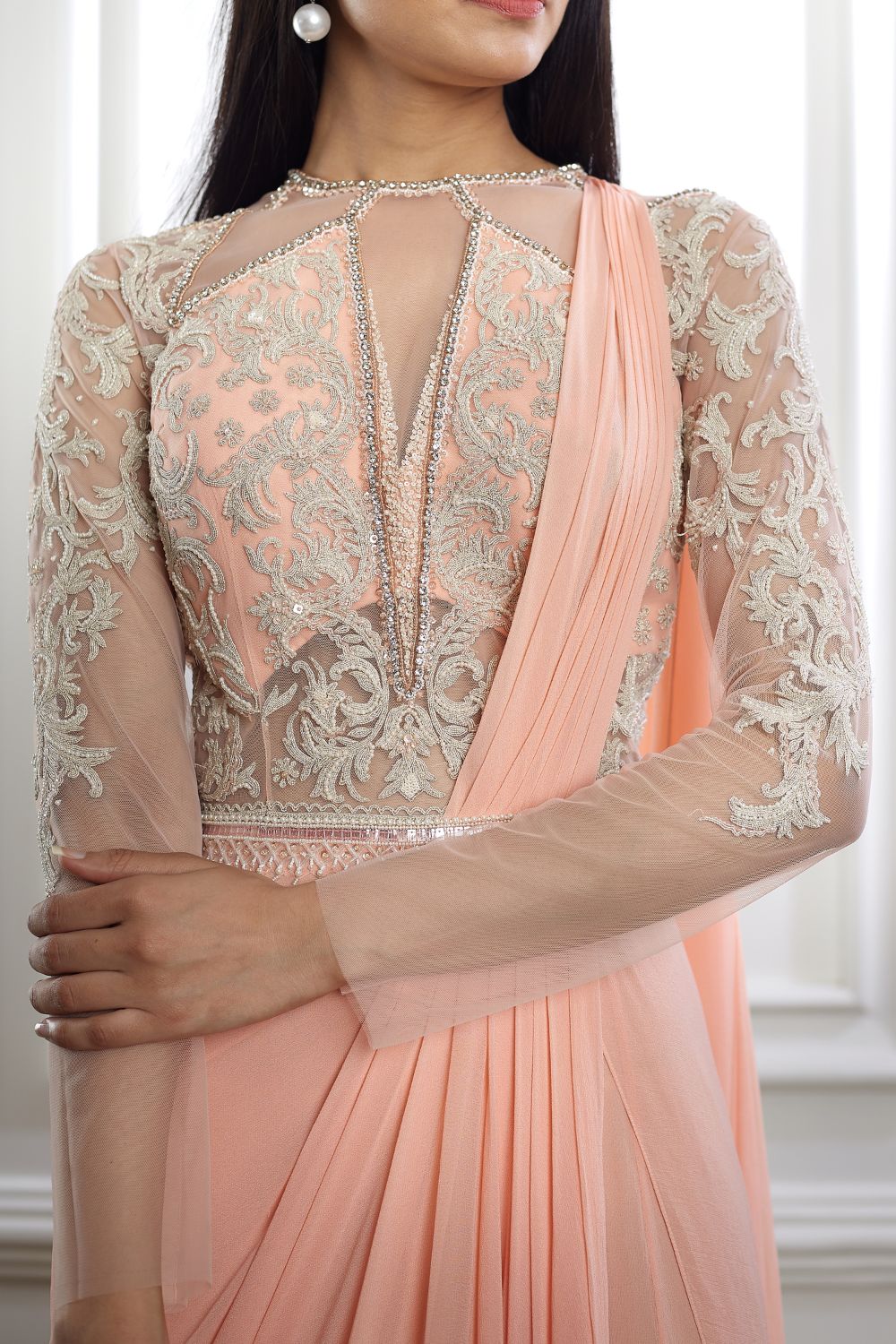 Peach Drape Dori Embroidered Saree