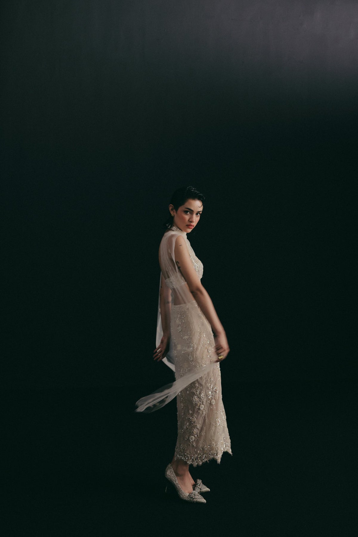 Oyster, Bugle Bead Embroidery, Vintage Lace & Tulle, Crop Skirt Set, Tea-Length Silhouette