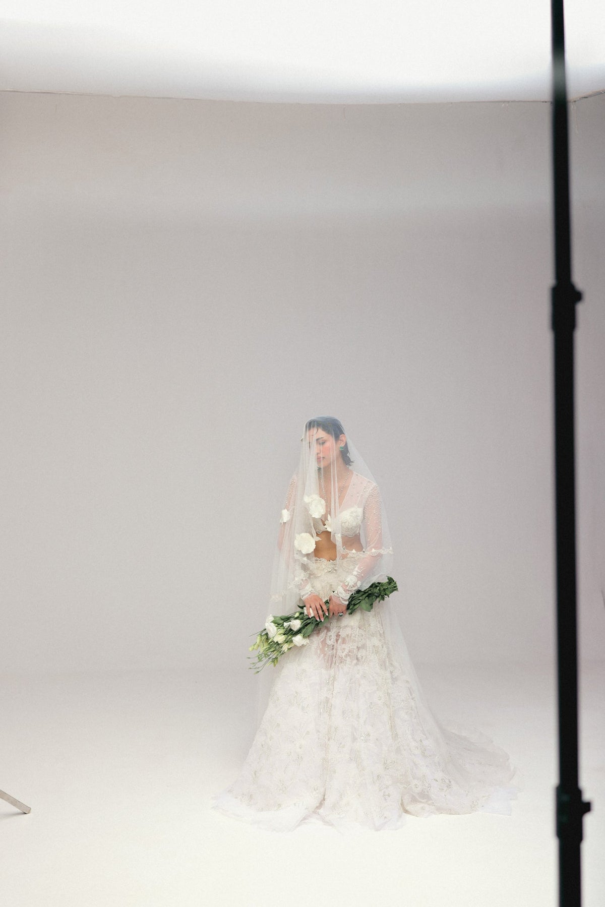 Pearl & Zardosi Embroidery, Tulle & French Lace with Silk, Skirt Set, Full Sleeve Blouse Silhouette
