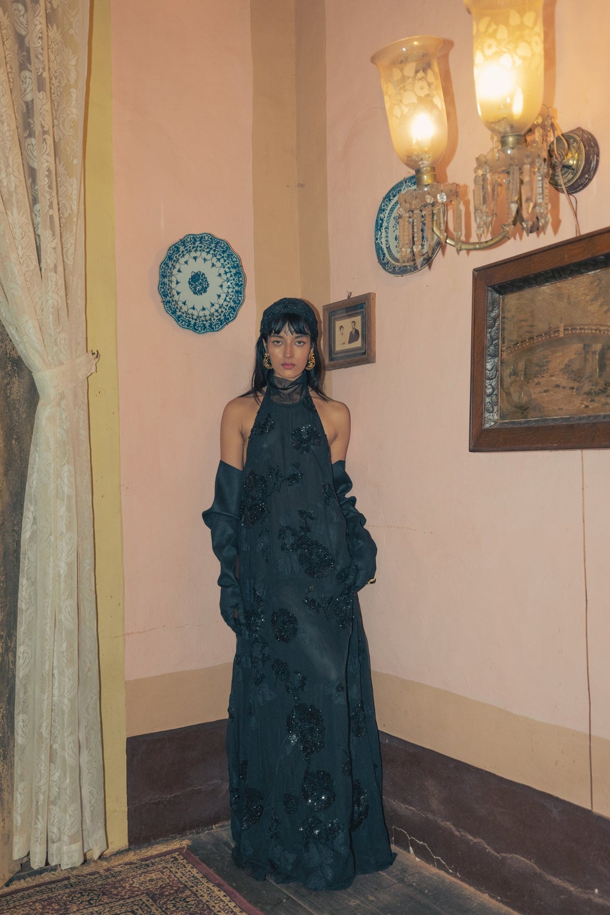 Black, Persian Embroidery, Silk Georgette & Tulle, Full-Length Dress, Sheath Silhouette