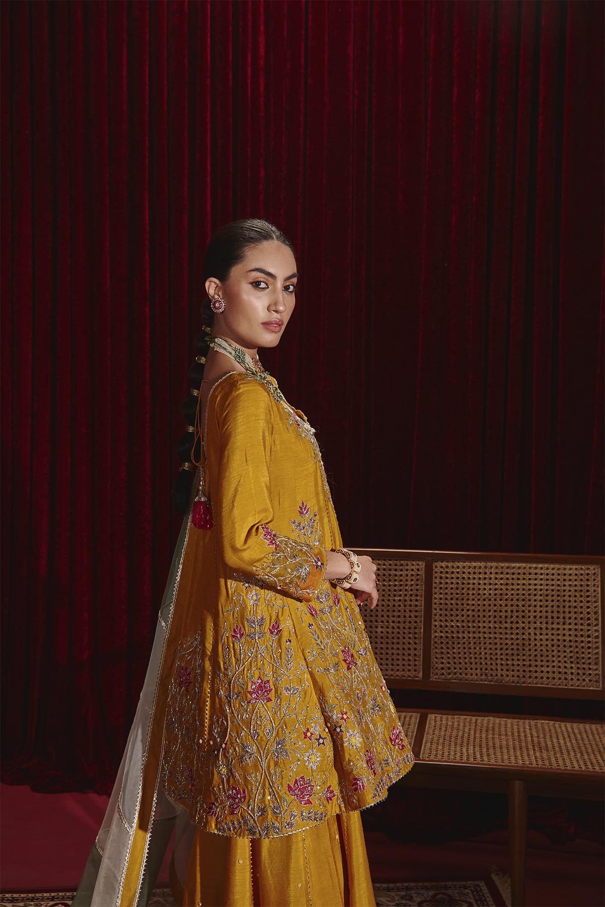 Anahita Mustard Embroidered Dupion Silk Kurta & Garara Set