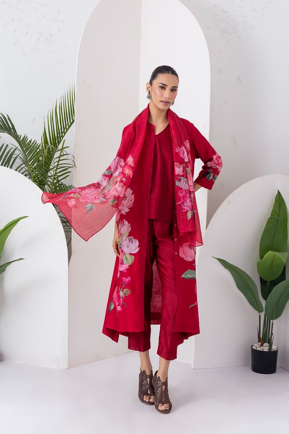 Maroon Silk Chanderi Printed Front Open Dress Set (3 PCS)