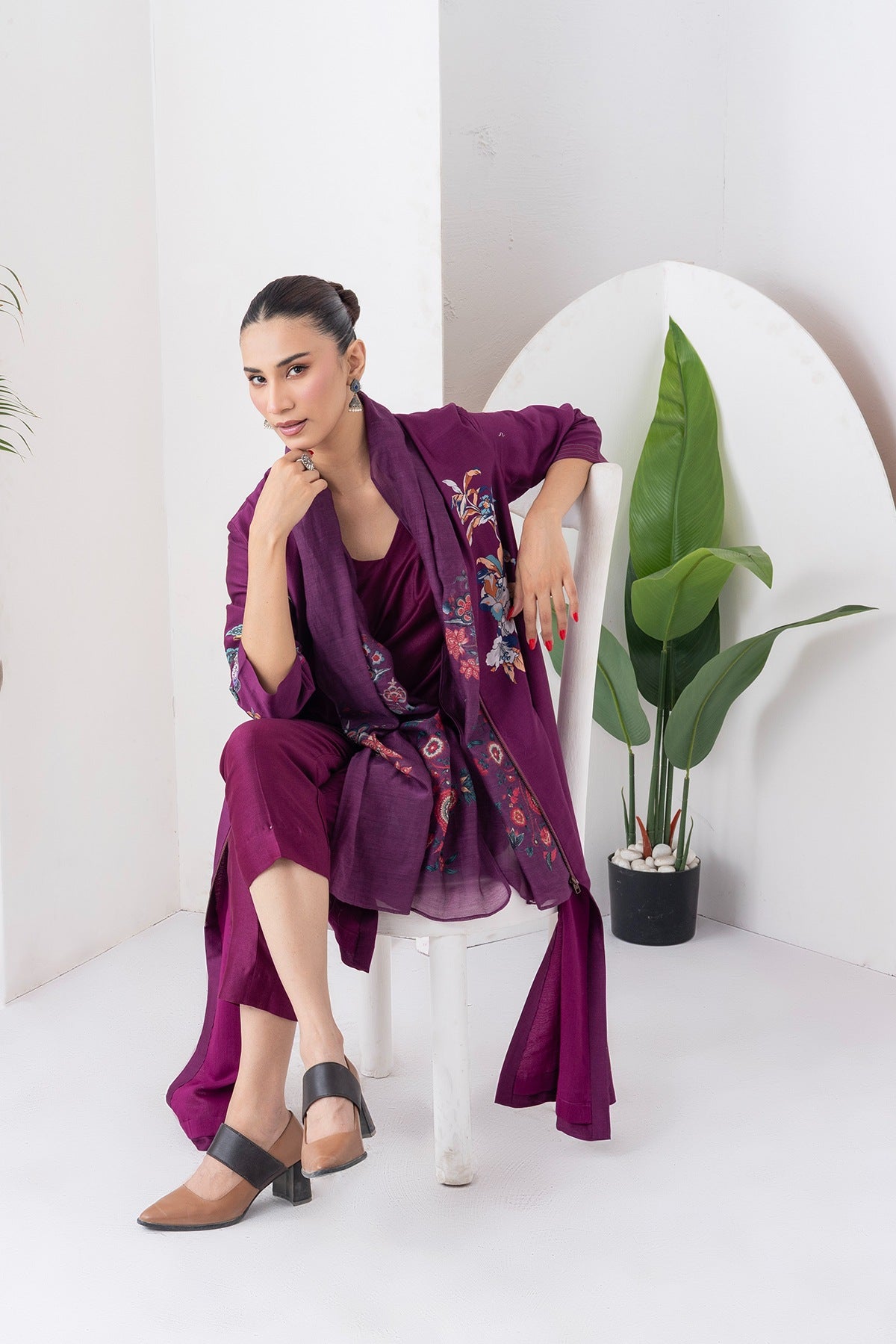 Wine Silk Chanderi Floral Printed Front Open Dress Set (3 PCS)
