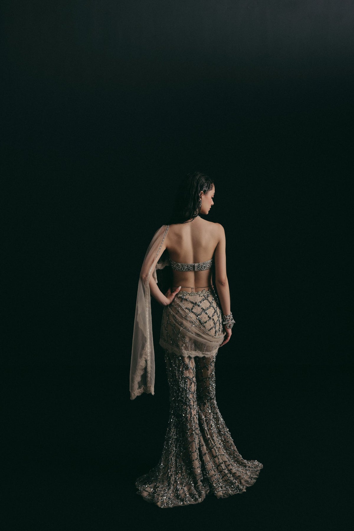Zardosi Filigree Embroidery, Tulle & Silk with French Lace, Pant Set, Halter Crop Silhouette