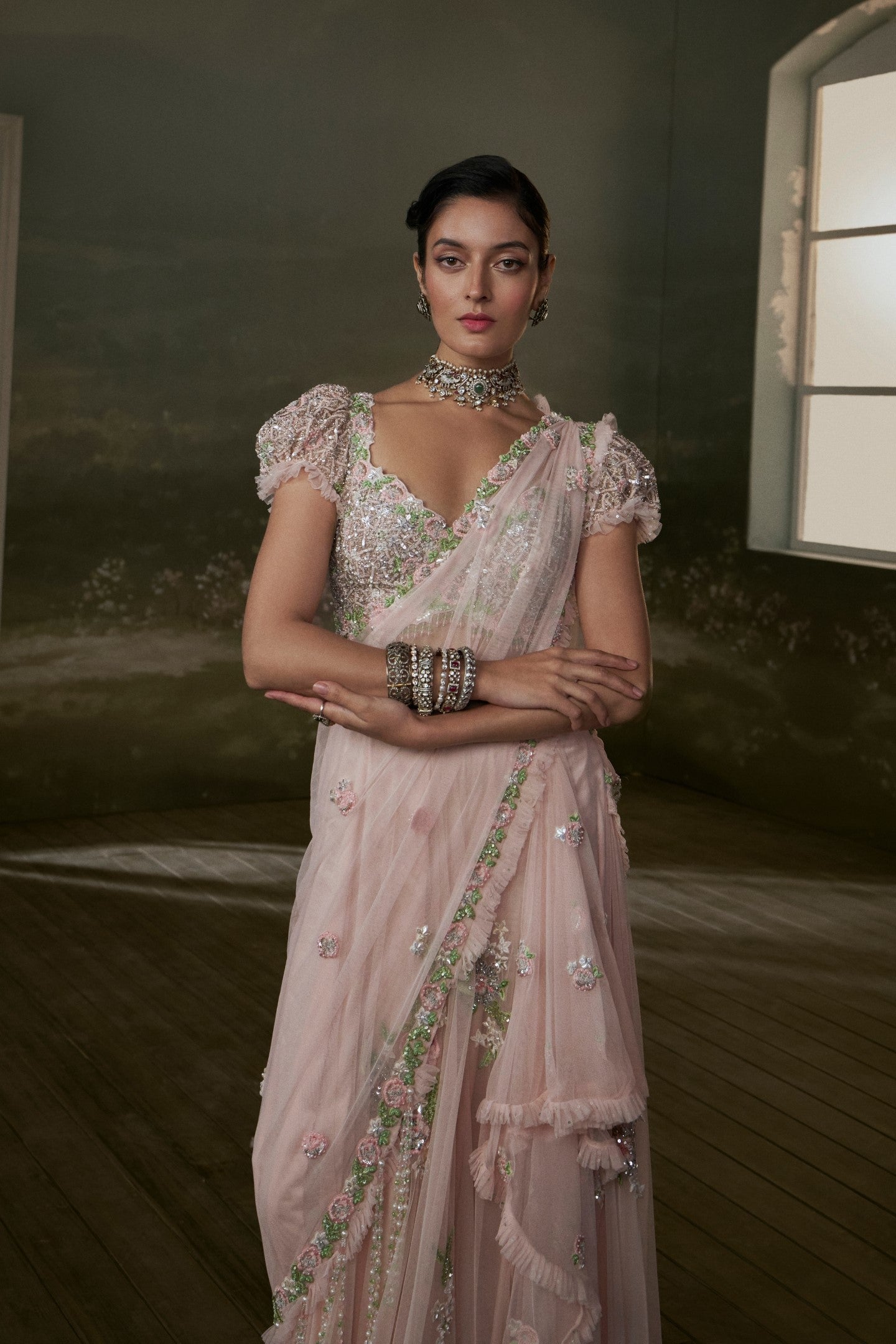 Rose Pink Pre-draped  Saree With Trail