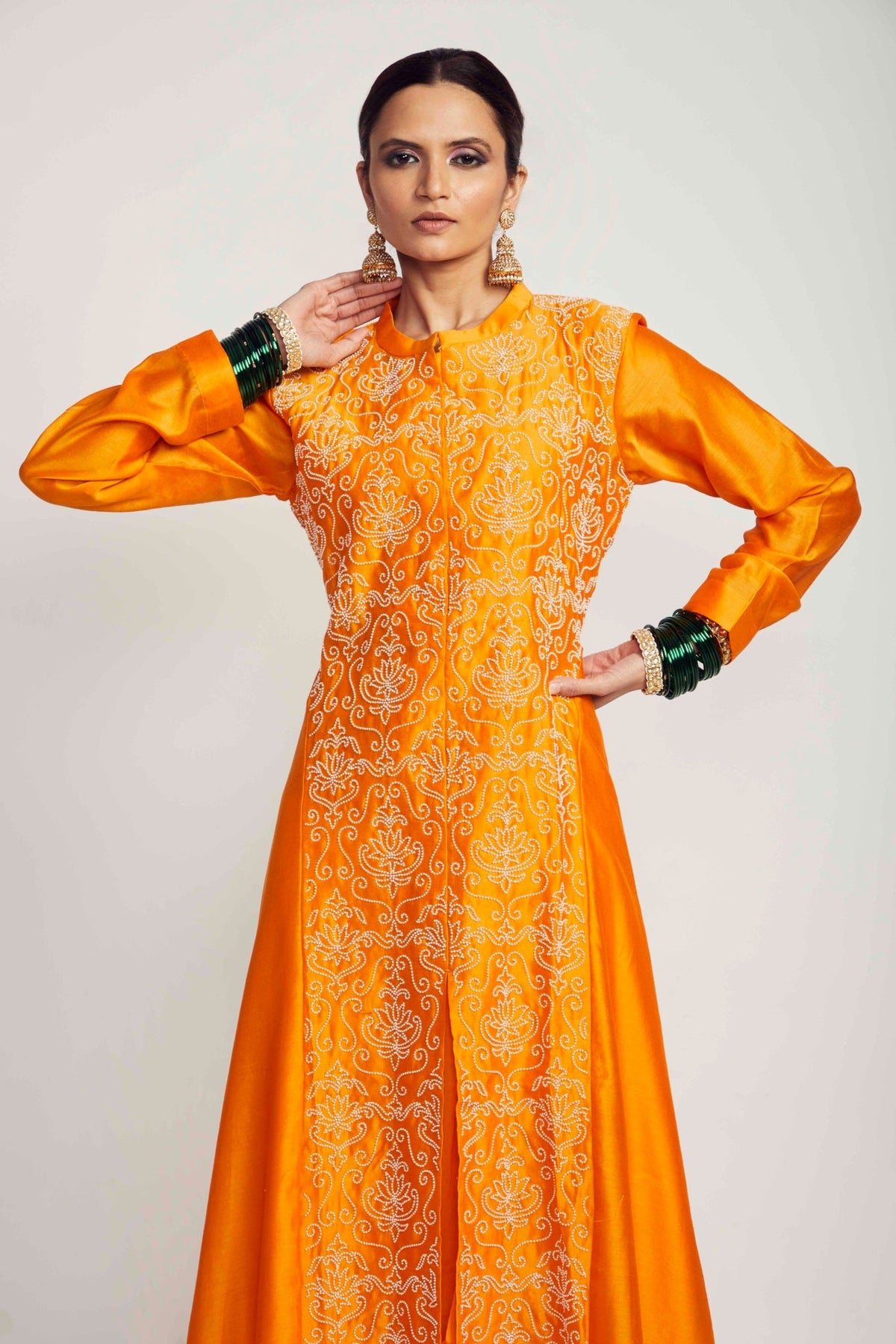 silk chanderi long asymmetrical tunic with pearl embroidered lotus jaal