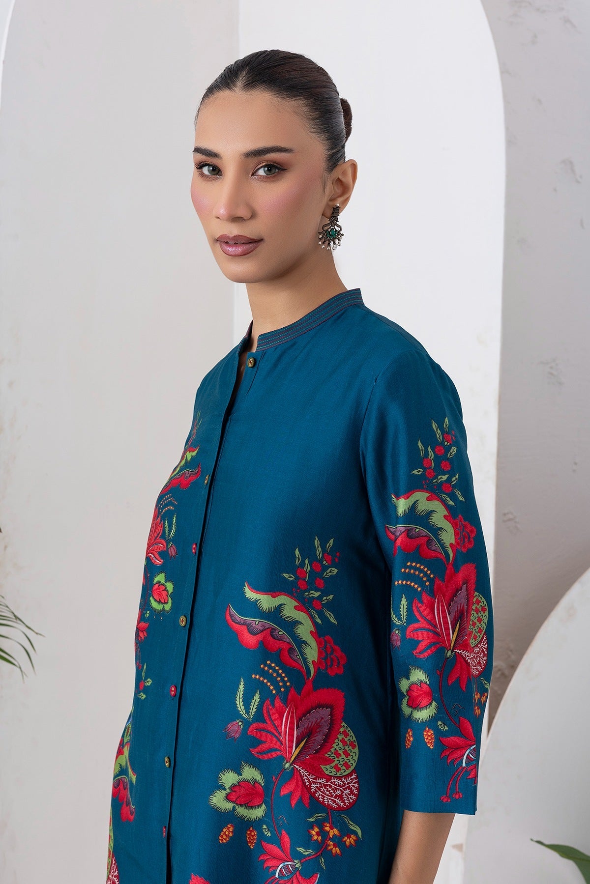 Indigo Silk Chanderi Printed Front Open Floral High-Low Dress Set (3 PCS)