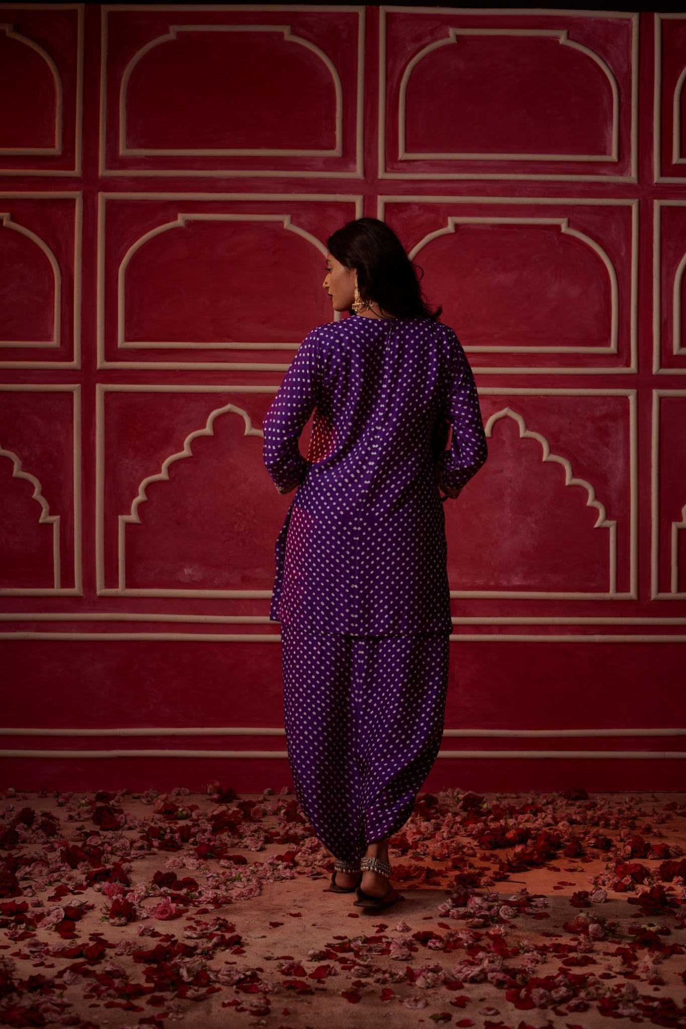 bandhni short kurta with drape trouser
