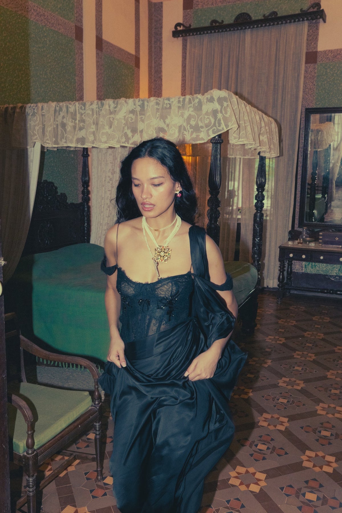 Black, Zardosi Embroidery, French Lace & Silk, Pre-Stitched Sari Set, Corset Silhouette