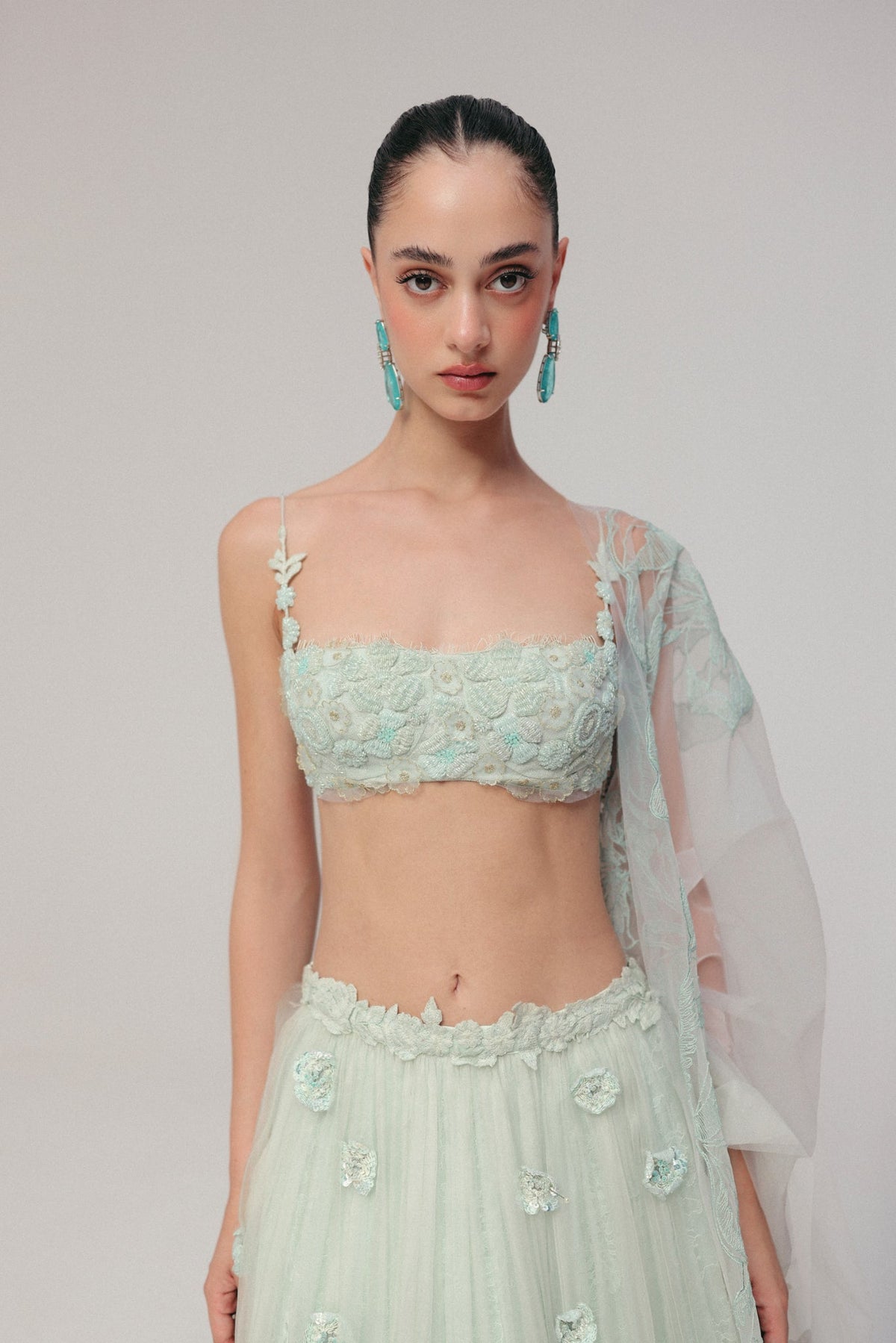 Beaded Floral Embroidery, Tulle & Silk Organza with Lace, Skirt Set, Underwired Blouse Silhouette