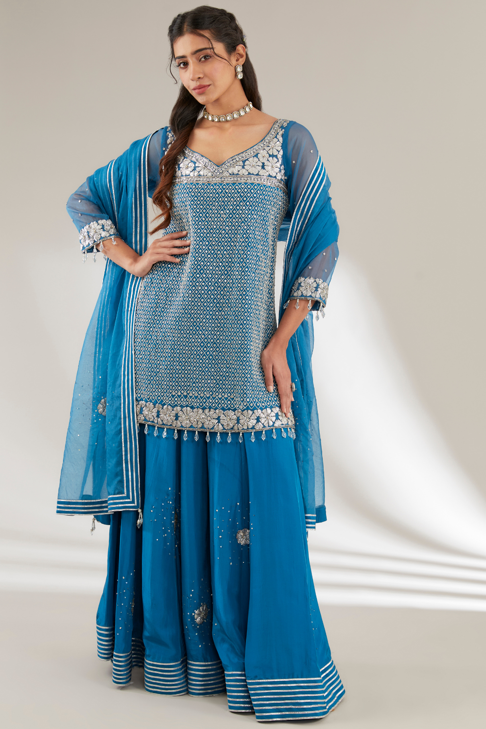 Amaya Blue Upada Silk Sharara Set with Crystal Jaal Embroidery