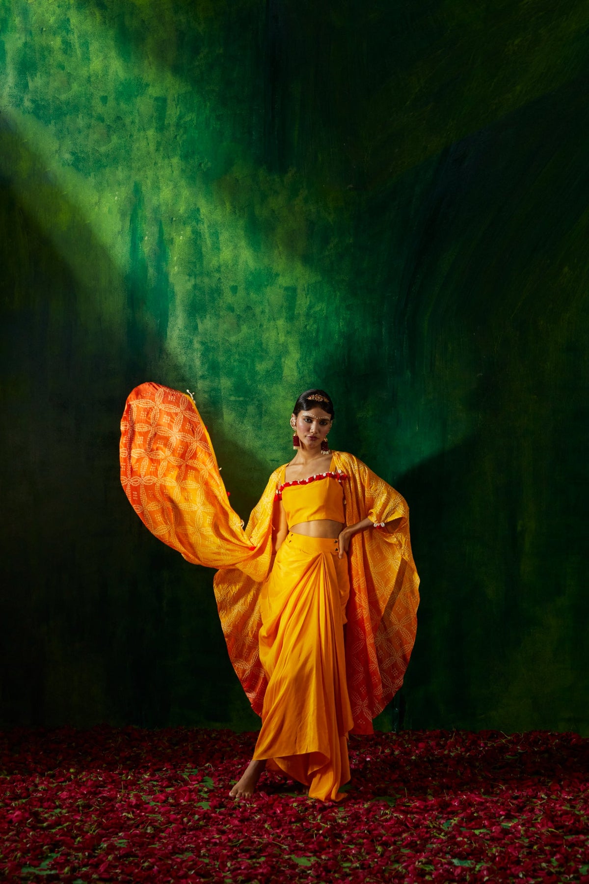 Bandhni cape set with drape skirt