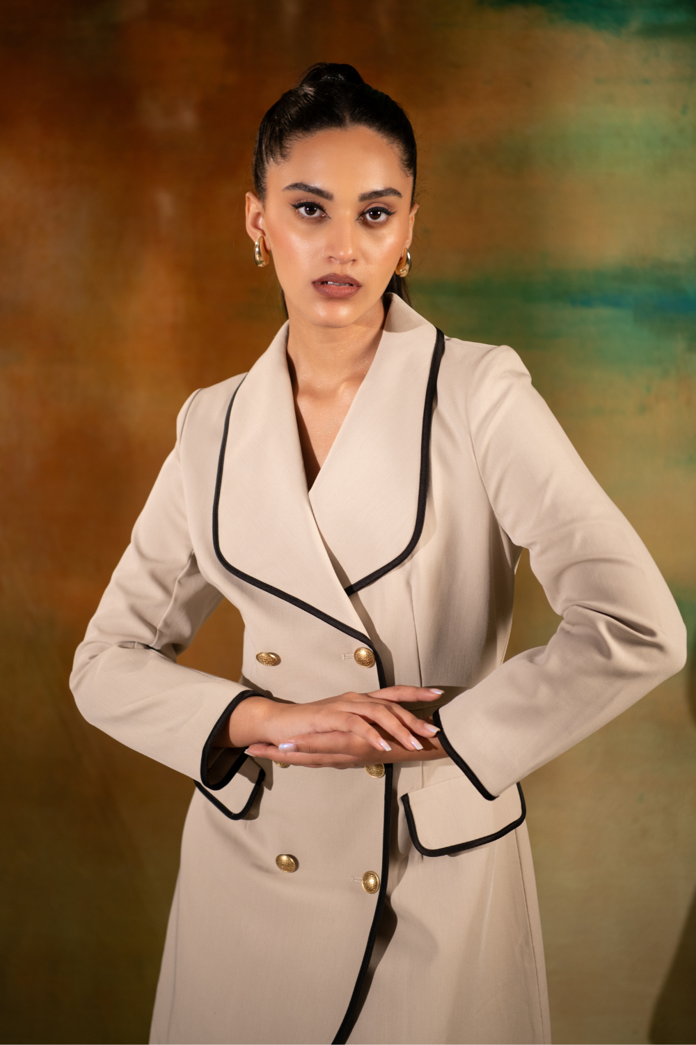 Emelie Silk Crepe Shawl Collar Dress with Contrast Detailing