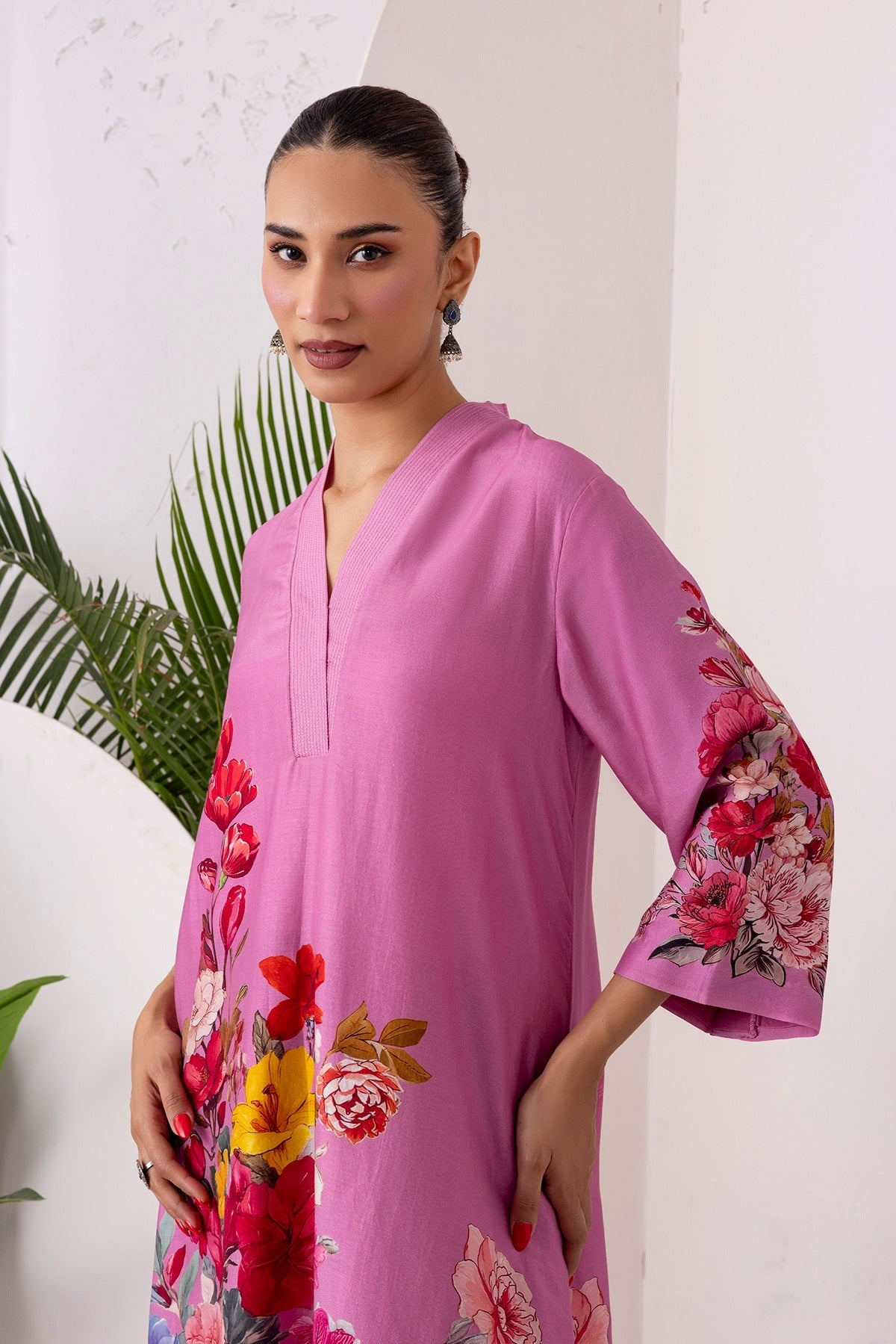 Salmon Pink Silk Chanderi Printed Tunic Set (2 PCS)
