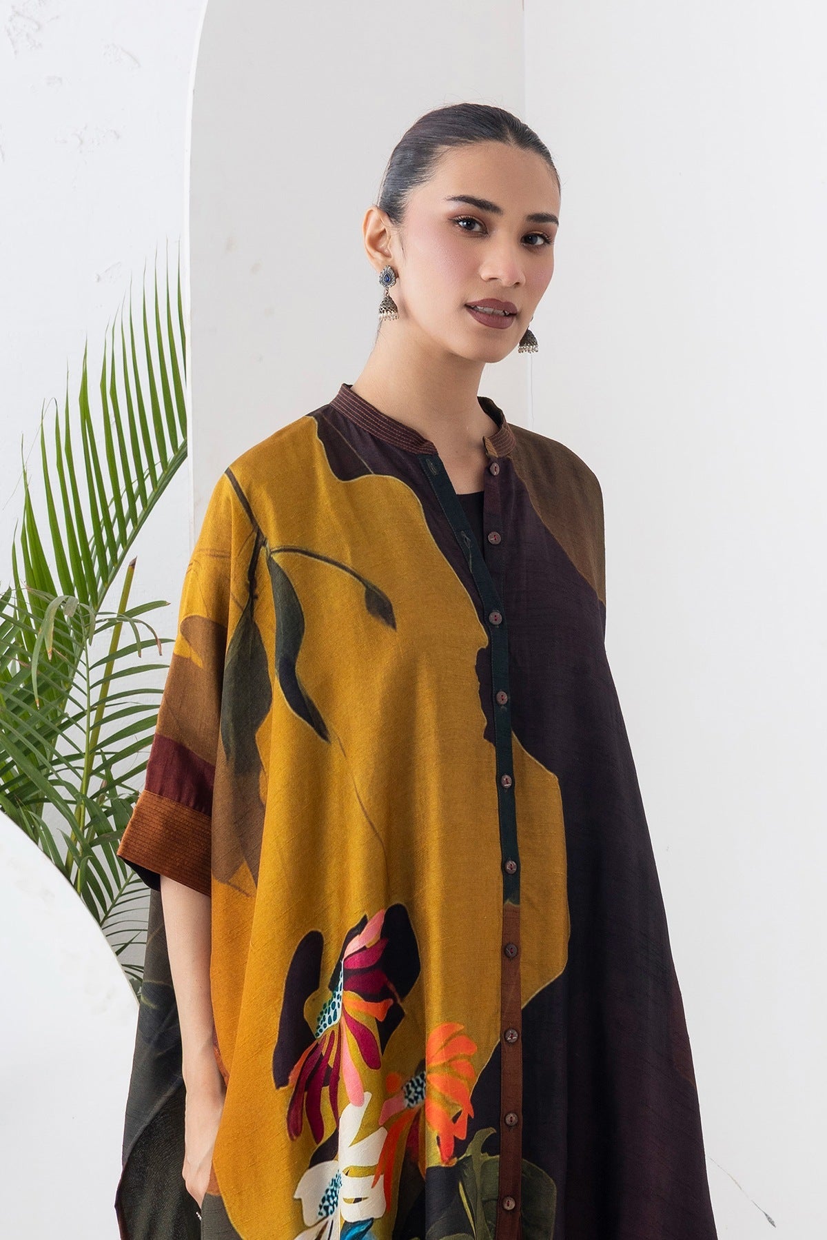 Mustard & Brown Viscose Dupion Printed Kaftan Style Dress Set (3 PCS)