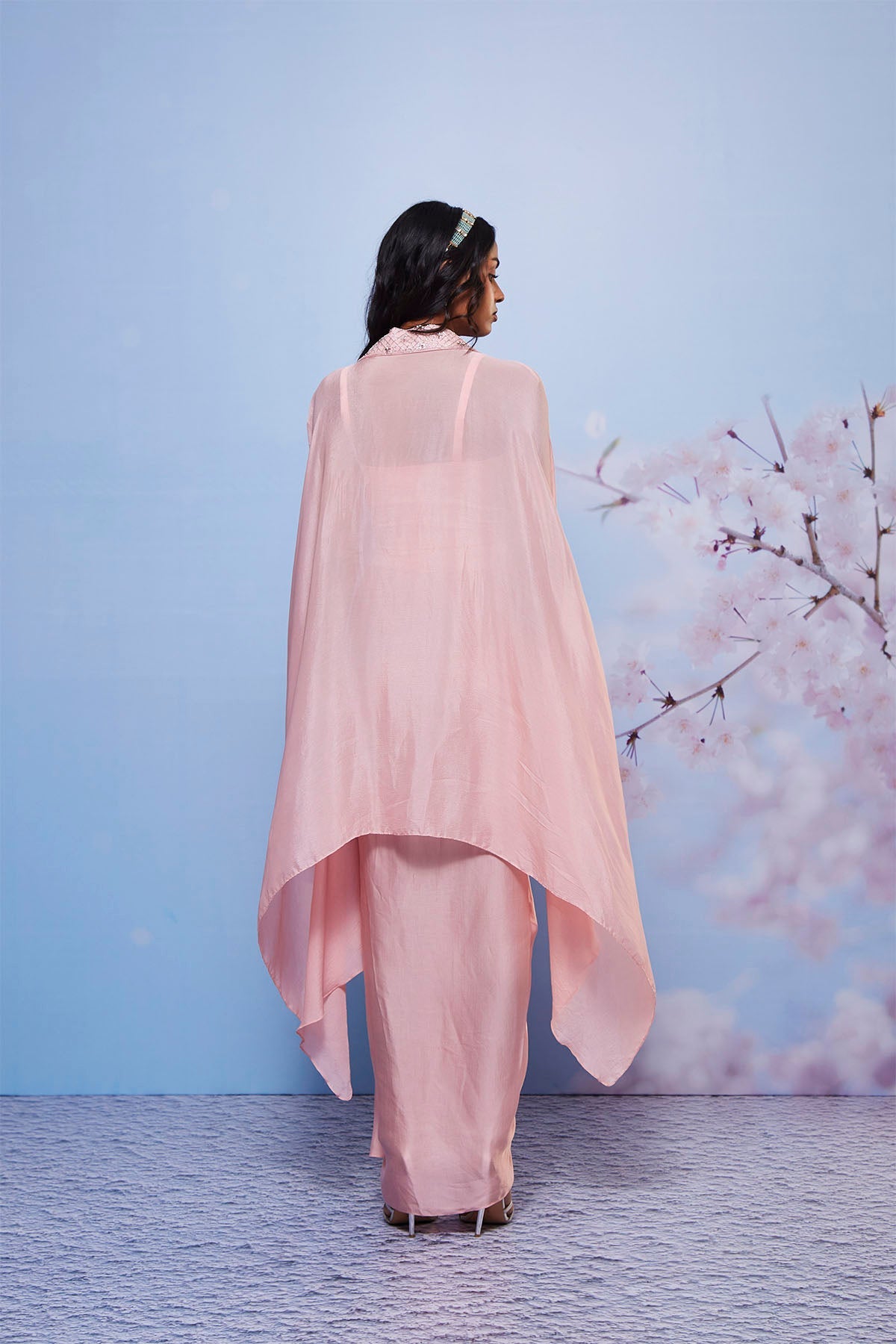 Zarin Baby Pink Embroidered Cape and Pick Up Skirt Set