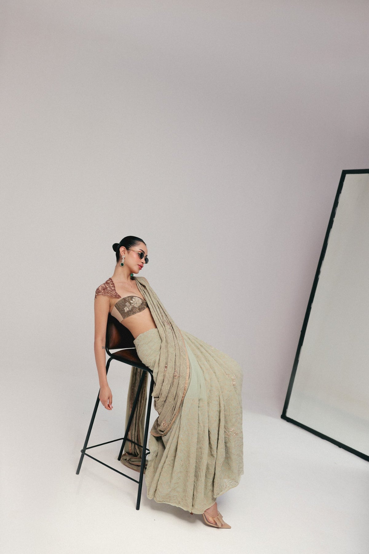 Zardosi Embroidery, Silk Georgette & Tulle, Saree Set, Crop Silhouette