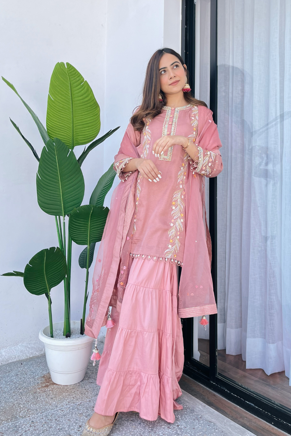Arpita Gupta Old Rose Silk Sharara Set with Organza Dupatta