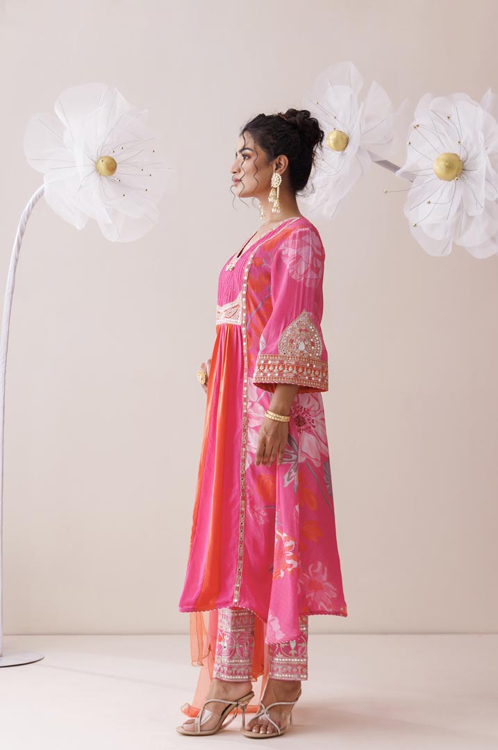 Pink and orange dori work kurta set