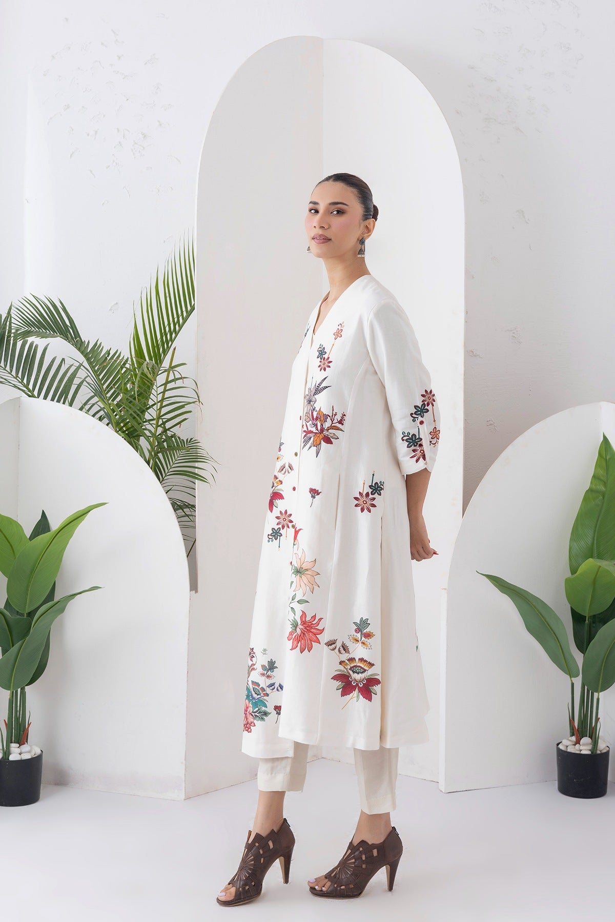 Ivory Silk Chanderi Printed High-Low Dress Set (3 PCS)