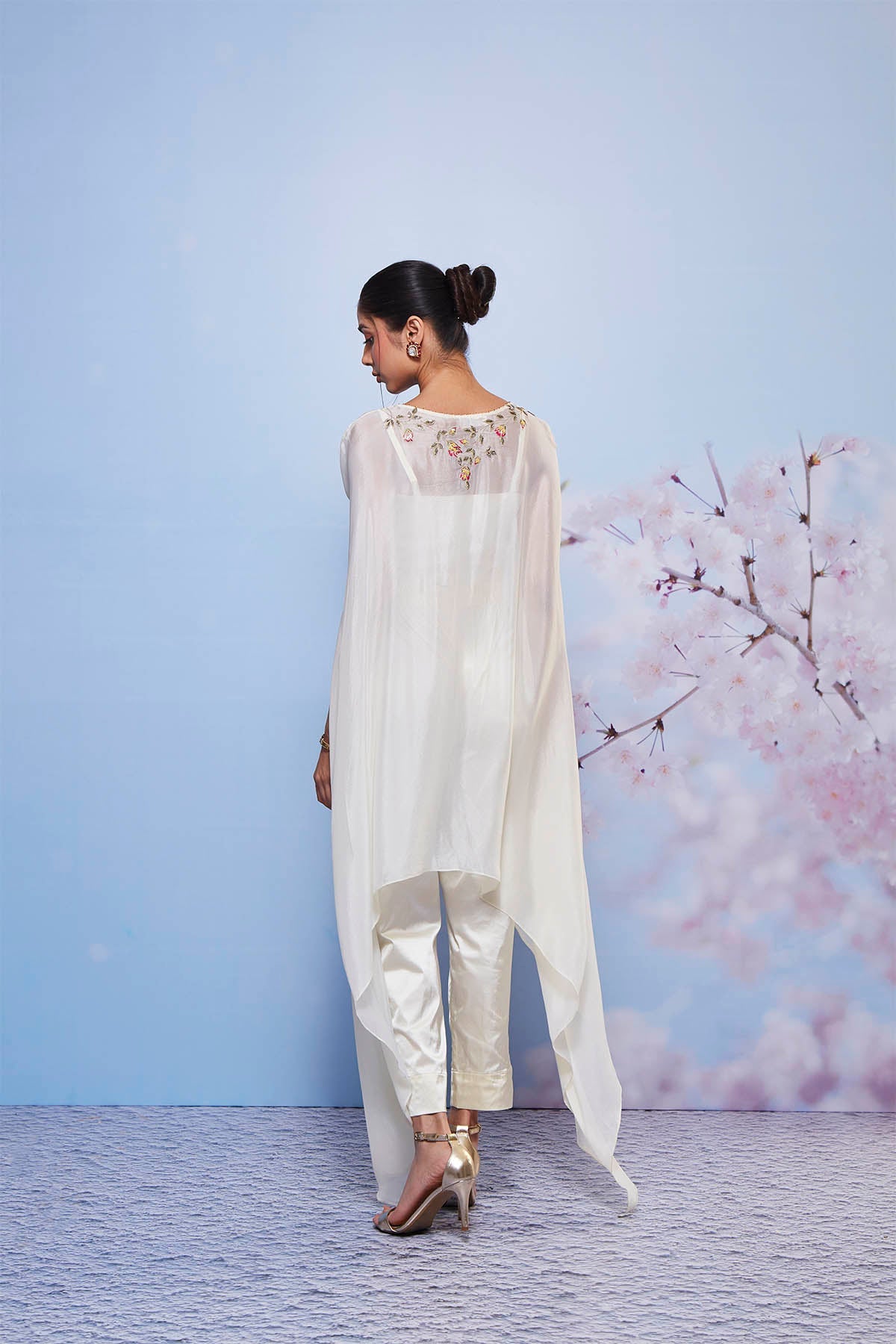 Ivory Asymmetrical Embroidered Cape Set with Cigarette Pants
