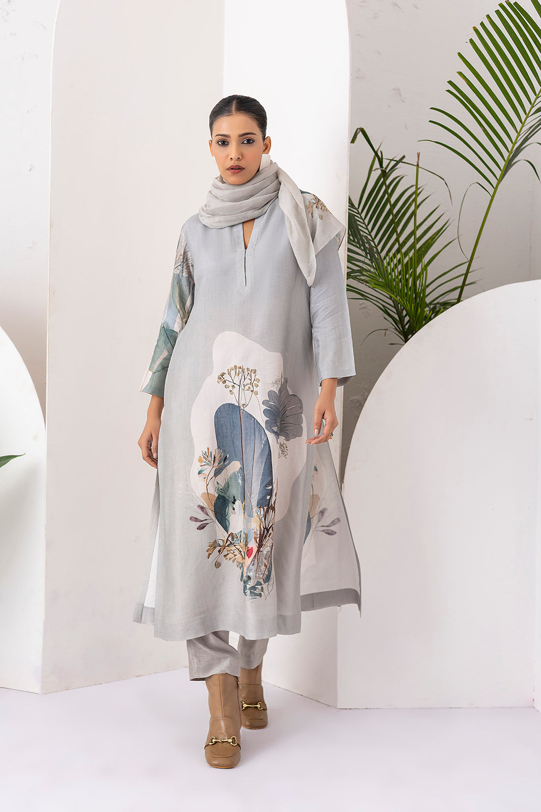 Grey Viscose Dupion Printed Tunic (1 PC)