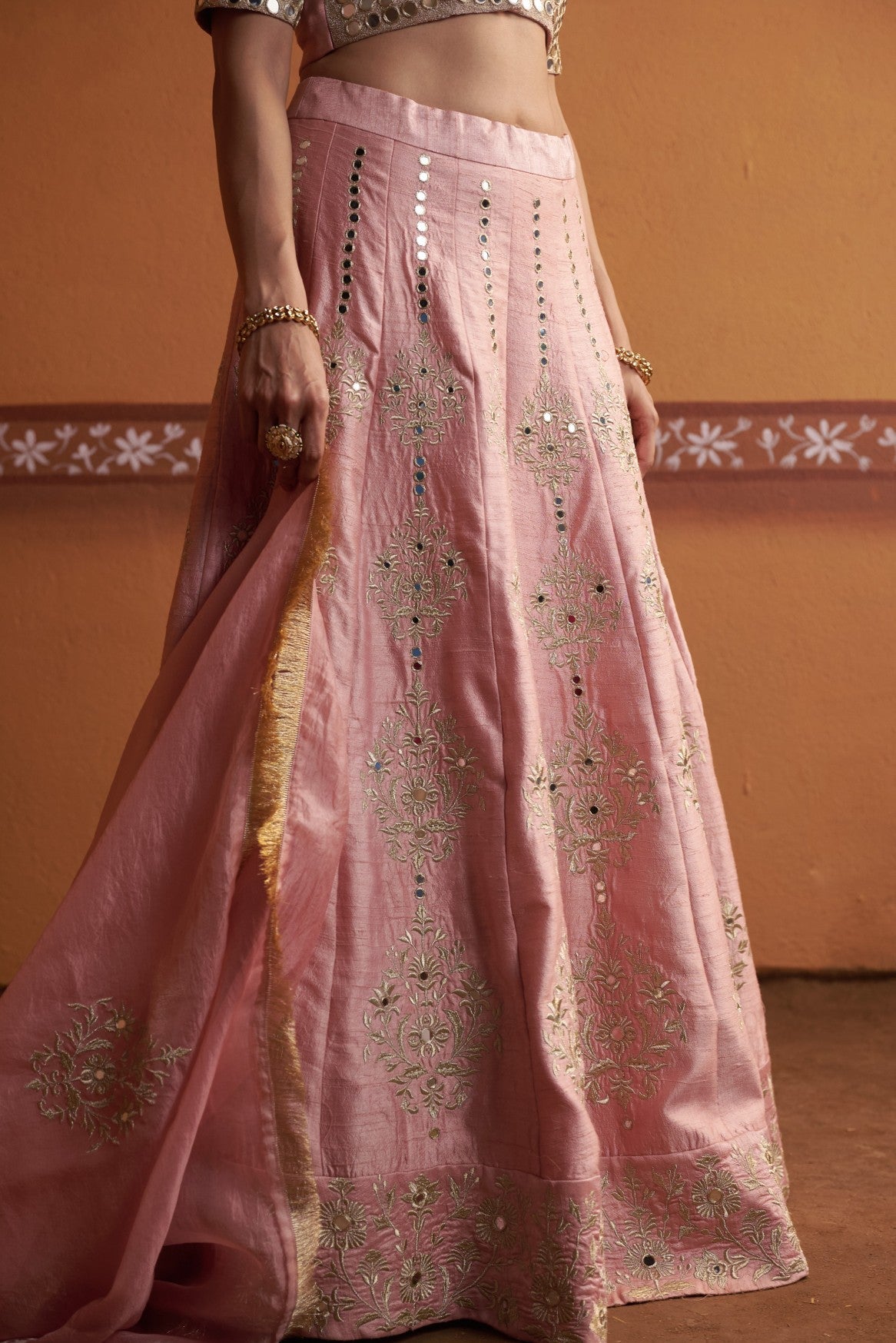 Kalidar blush pink hand embroidered lehenga with blouse and dupatta