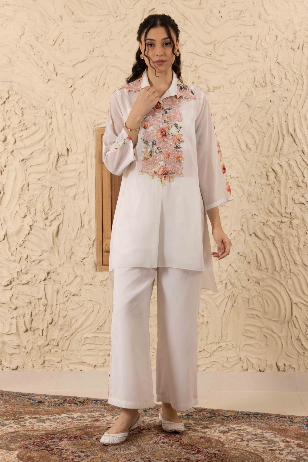 Aditi Co-ord Set - Ivory Embroidered Flowy Georgette Luxury Set