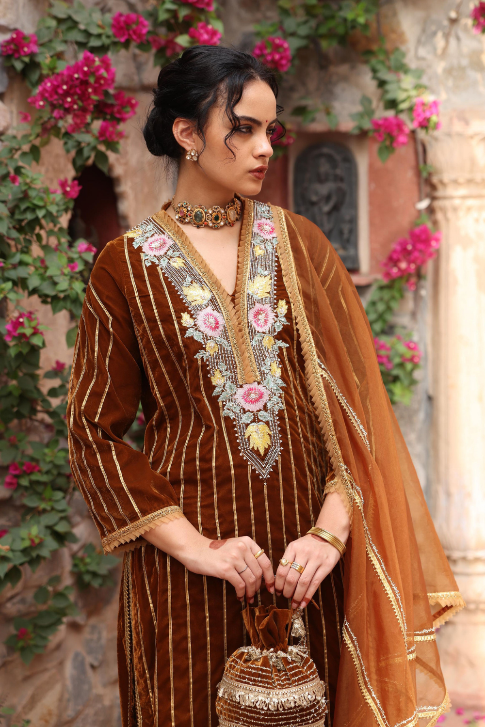 Honey Gold Embroidered Velvet Kurta Set with Organza Dupatta