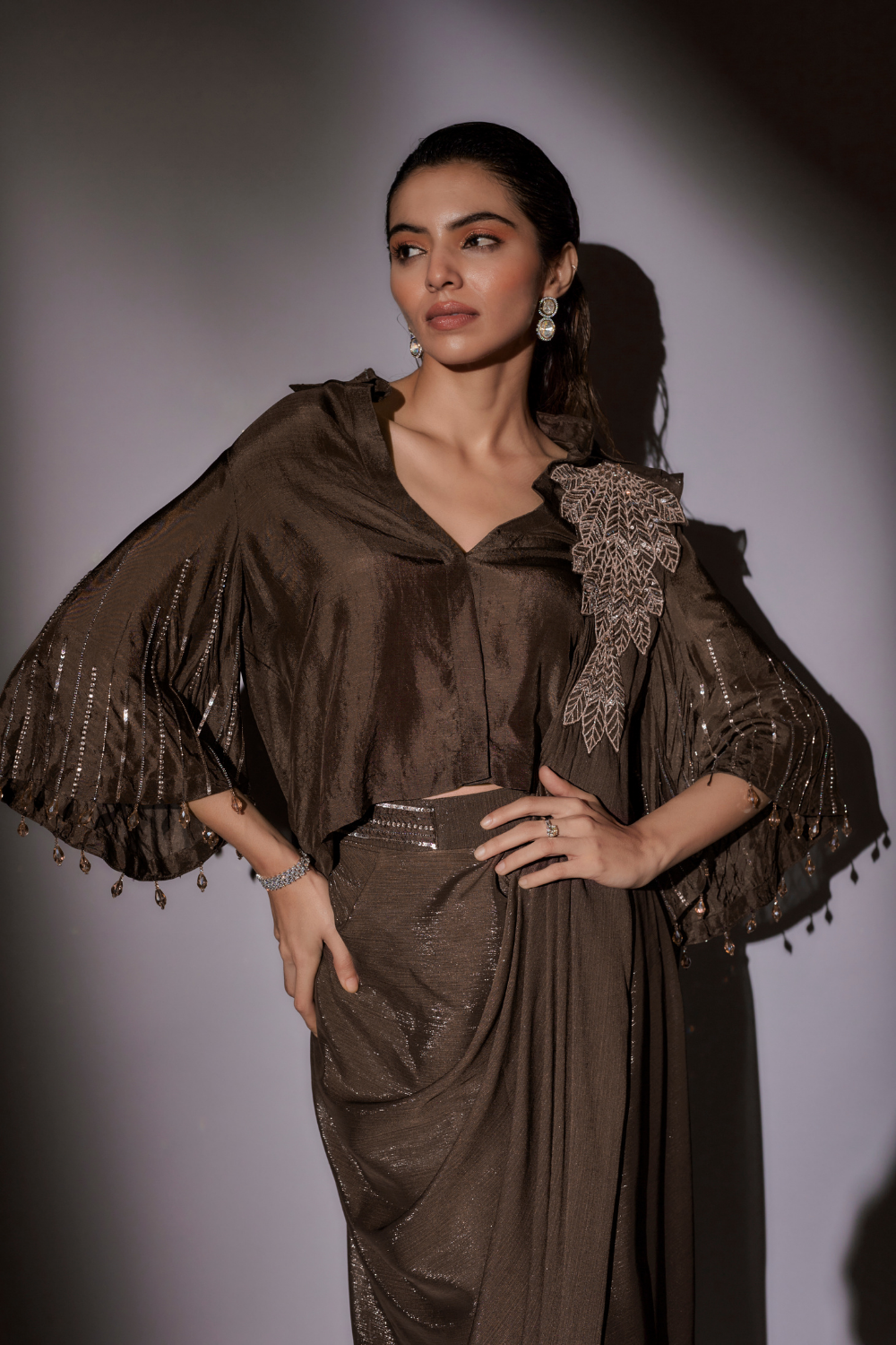 Richa Coffee Pre-Draped Satin Saree with Bohemian Bell Sleeve Blouse