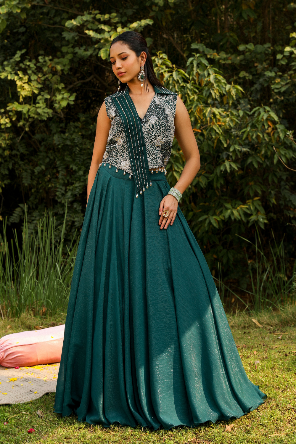 Aahana Green Badla Embroidered Organza Skirt Set for Festive Wear
