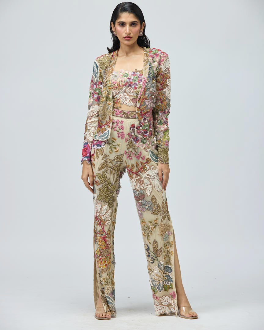 Ivory Intricate Embroidered Jacket Set with Tailored Trousers
