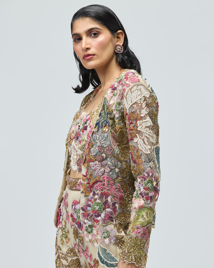 Ivory Intricate Embroidered Jacket Set with Tailored Trousers
