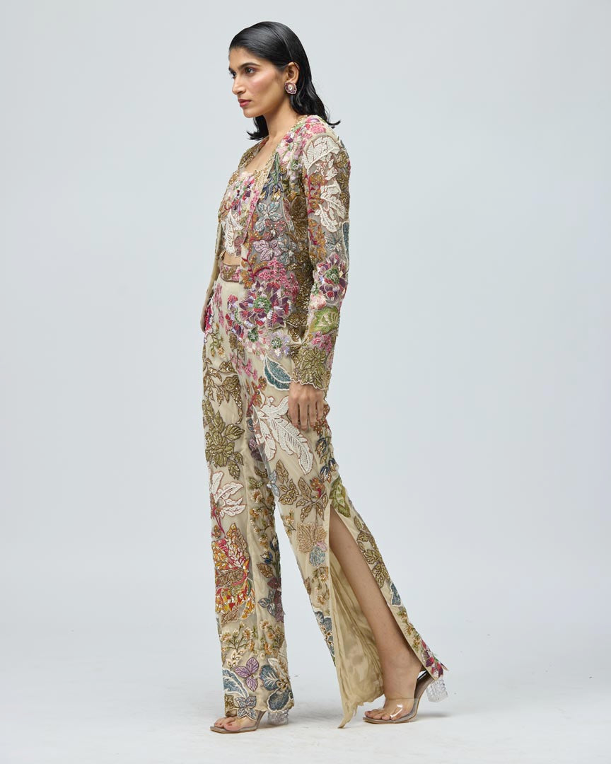 Ivory Intricate Embroidered Jacket Set with Tailored Trousers